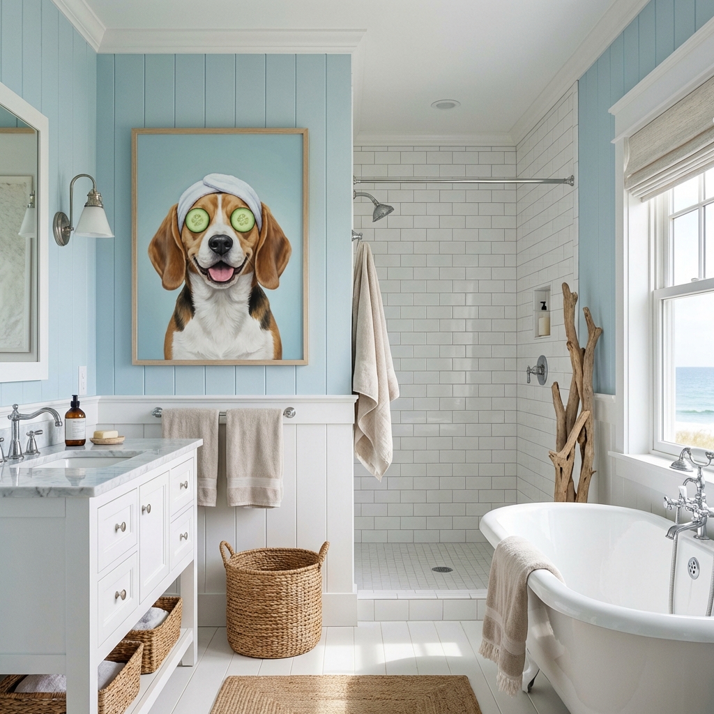 Dog spa portrait in coastal bathroom