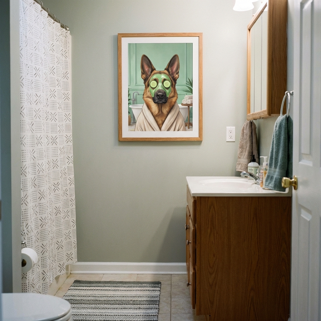 Dog spa portrait in eclectic bathroom