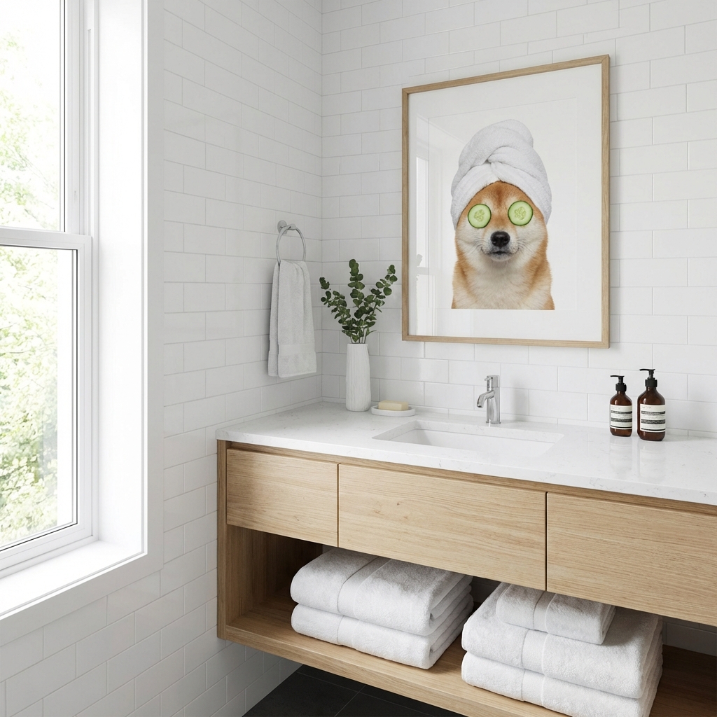 Dog spa portrait in modern minimalist bathroom