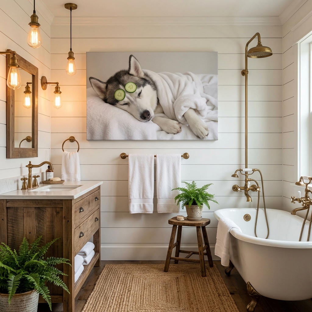 Dog spa portrait in farmhouse bathroom