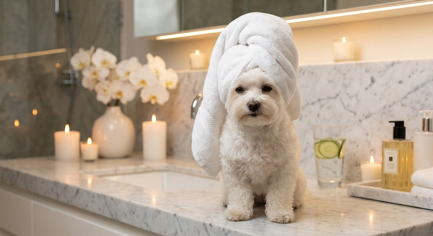 Golden retriever spa portrait with cucumber eyes