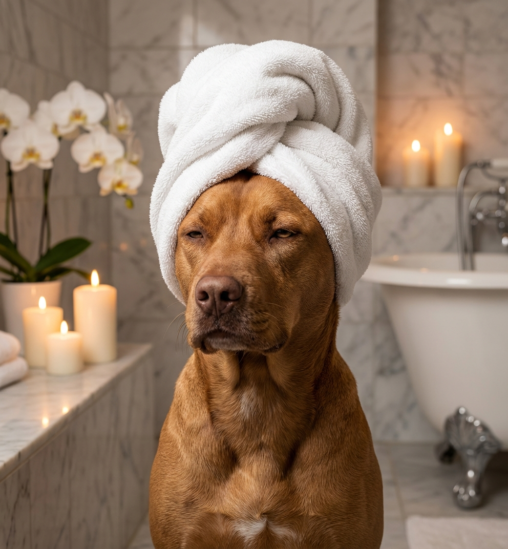 Dog spa portrait with zen garden theme